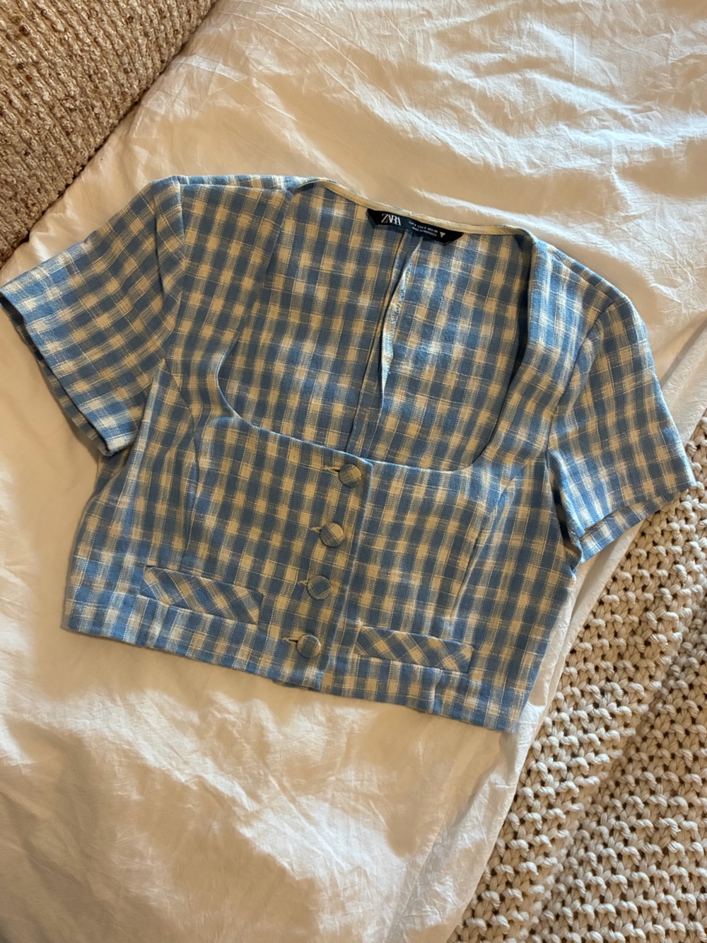 Zara Light Blue & Cream Checked Short Sleeve Blazer